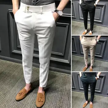 שיק ט חליפת מכנסיים Slim Fit עסקים כפתורים סופר לנשימה באמצע המותן גברים חליפת מכנסיים גברים מכנסיים פשוטים