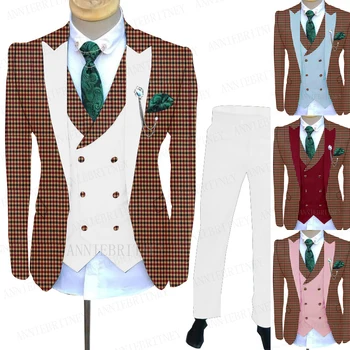 2021 חדש עיצובים בורגנדי משובץ החליפה גברים לבנים עם אפוד מכנסיים מותאם אישית Slim fit החליפה לחתן ארוחת החתונה שמלת טוקסידו