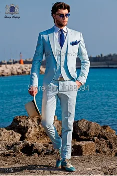 מותאמות אישית שנעשו האביב סגנון 3 חתיכה חליפות גברים אור כחול חליפת העסקים חתונה, חליפות לגברים החתן חליפות שושבין חליפה לשושבין