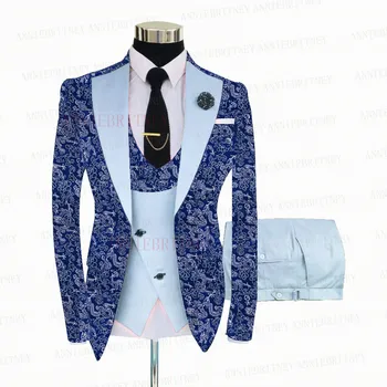 2021 אופנה כחול פרחוני מודפס גברים חליפה 3 חתיכה שושבין החתן החתונה טוקסידו Slim Fit מבריק בלייזר החליפה מעיל אפוד מכנסיים להגדיר