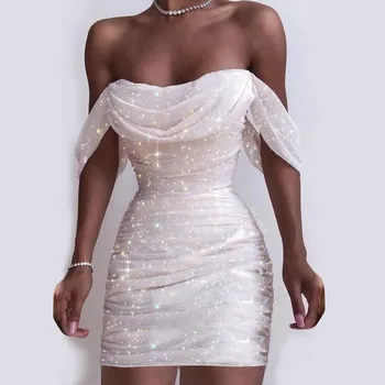 אופנה מחוץ כתף Midi שמלה של נשים סקסי שמלת Bodycon האביב בנות Bandeau לבן נצנצים, נצנצים מועדון שמלת מסיבת Vestidos