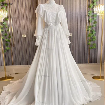 יוקרה גבוהה צוואר דובאי המוסלמים שמלות חתונה עבור הכלה 2024 ארוך השרוול קו A-חרוזים שיפון העידו נסיכה שמלות כלה