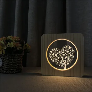 אוהב עץ 3D LED Arylic עץ לילה מנורת שולחן אור מתג שליטה גילוף המנורה לחדר ילדים לקשט