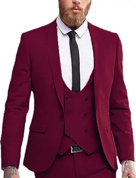דו-שולי האפוד Mens חליפה 3 חלקים Slim Fit עסקית רשמית מחורצים דש טוקסידו Groomman לחתונה(בלייזר+אפוד+מכנסיים)