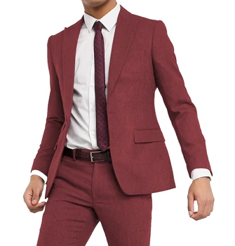 חדש בציר בורגנדי גברים 2-יח ' חליפה אדרה חליפות טוויד השושבינים חתונה גודל מותאם אישית (קט+מכנסיים)