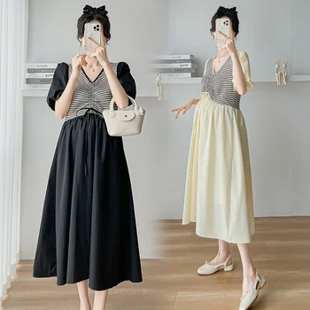 249# 2023 קיץ אופנה קוריאנית טלאים לידה ארוכה שמלה אלגנטית V צוואר קו דק בגדים לנשים בהריון הריון