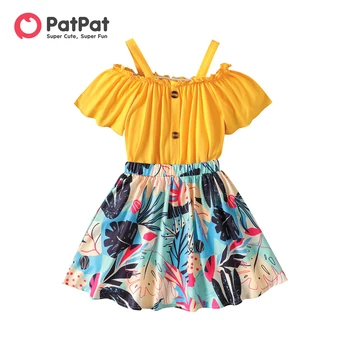 PatPat 2Pcs ילד ילדה את כתף קפלים העליון & צמח הדפס השמלה להגדיר