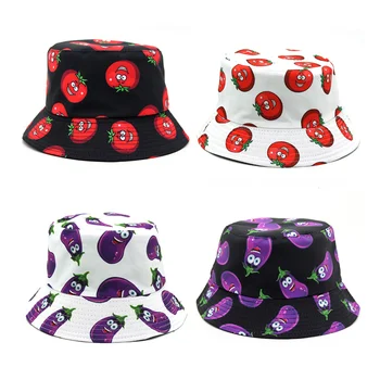 2021 חם, ריבת חצילים מודפס דלי הכובע היצירתי עגבניות צד שני Reversibale כובעי פנמה עבור בנות, בנים, נשים קיץ Sunhat