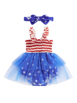 4 ביולי, בייבי בנות רומפר להגדיר וחולצת פסים כוכבים הדפסה טול טלאים קו-שמלה תינוק מותק רצועת המצח.