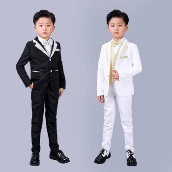 5PCS פרח בנים רשמית שמלה חליפה להגדיר ילדים בלייזר וסט חולצות מכנסיים עניבת הפרפר תלבושת ילד החתונה פסנתר ביצועים בגדים