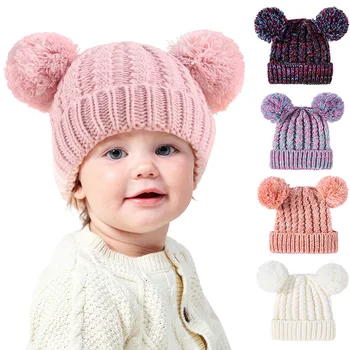 גדול כפול הכובע לתינוק חורף חם כובעים סרוגים תינוקות בנות ביני כובע תינוק בנים כובע מוצק צבע אביזרים 0-3Y