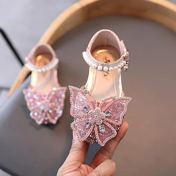2023 אופנה פאייטים קשת של יהלומים מלאכותיים בנות נסיכה נעלי תינוק נעלי נשים העקב שטוח סנדלי גודל 21-35 קיץ סנדלי בנות