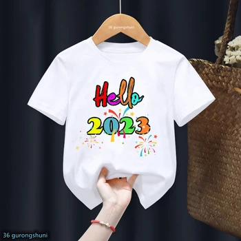 שנה חדשה שמחה שלום 2023 חולצה מתנה לחג המולד מסיבה משפחתית הדפסה גרפית בנים בנות תינוק בגדי ילדים שרוול קצר חולצות Tees