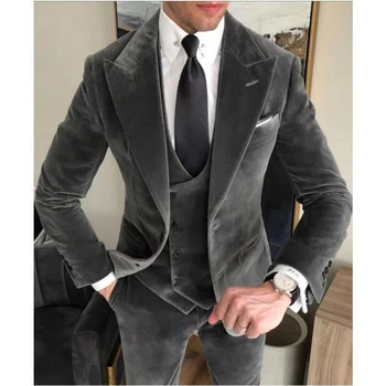 אפור קטיפה חליפות לגברים עסקים Slim Fit שיא דש מעיל חתונה מותאם אישית טוקסידו חתן 3 חלקים (ג ' קט +מכנסיים + וסט) 2023
