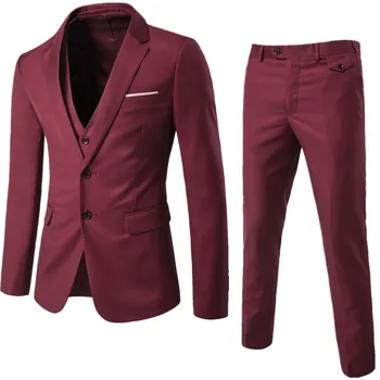 יין אדום חליפת חתונה 3 ערכות קטע של גברים החתן לובש טוקסידו עסקית רשמית חליפה לגברים בלייזר ז ' קט+מכנסיים +אפוד השושבינים.