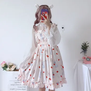 סאמר מתוקה מודפס תלוי שרוולים להחליק Kawaii להתלבש ארנב תות שמלה לוליטה יפן חמוד 2021 קו-Midi שמלה