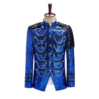 נצנצים שחורים מעיל Steampunk בלייזר לעמוד צווארון שוליים עיצוב בלייזר מועדון לילה מסכות נשף רוק תלבושת כחול בגדי הבמה
