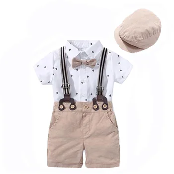 היילוד בנים ' נטלמן בגדים הלבוש חליפה סט בייבי עניבה קשת כובע + מפרש מודפס רומפר + מכנסיים חגורה תינוק ילד בגדים