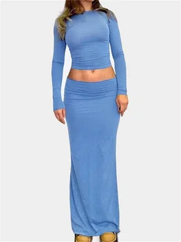 hirigin אביב סתיו 2 חתיכות קבוצות נשים תלבושות מוצק צבע O-צוואר השרוול הארוך Slim Fit Base T-חולצות חולצות חצאיות ארוכות 2023