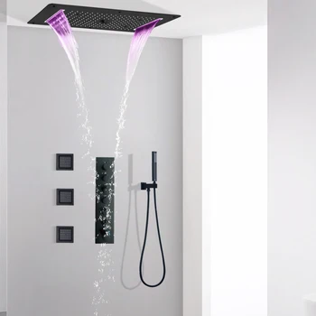 שחור מאט פליז קיר מקלחת ברז מערכת השירותים טמפרטורה קבועה זרימה גדולה רב תכליתי גשם טור ראש מקלחת להגדיר
