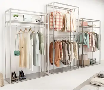 בגדים rack תצוגת חנות ננו כסף העומד על רצפה בגדי נשים בחנות ייעודית שכבה כפולה hanger rack תצוגת