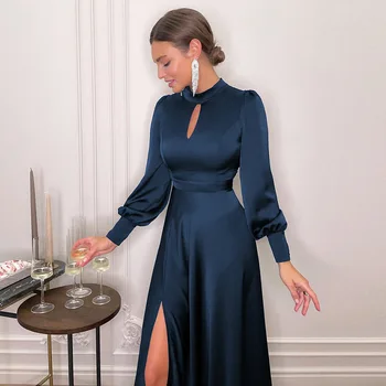 2022 האביב החדש סאטן המותניים שמלה אלגנטית טמפרמנט האירופי היופי גבוהה המותניים חלול ארוך שמלה