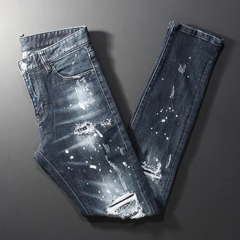 רחוב אופנה גברים ג 'ינס רטרו שחור כחול אלסטי נמתח Slim Fit ג' ינס קרועים גברים חרוזים תוקנו מעצב היפ הופ מותג המכנסיים
