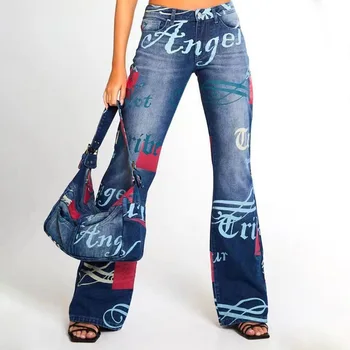 אופנה תבנית מכתב ג 'ינס נשים וינטאג כחול אופנת רחוב ג' ינס מכנסיים רחבים הרגל המכנסיים גברת ג ' ינס התלקח 2021 מזדמנים מכנסיים
