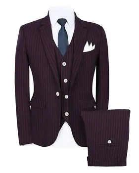 Mens חליפת פסים בצבע 3 חתיכה הלבוש חליפות כפתור אחד רשמי דש טוקסידו בלייזר+אפוד+מכנסיים