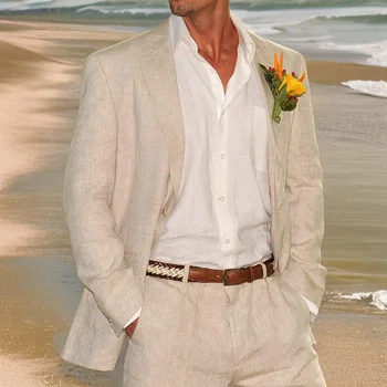 בז 'פשתן החתונה טוקסידו לגברים 2 חתיכה חליפת קיץ החוף סגנון מחויט החתן הלבוש הגברי אופנה ז' קט עם מכנסיים