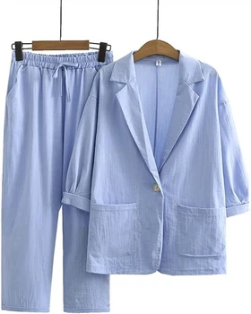אביב קיץ נשים כותנה פשתן בלייזר החליפה מוצק מחורצים שרוול ארוך מעיל+מכנסיים 2pcs פנאי חופשי כל-מתאימים נקבה סטים