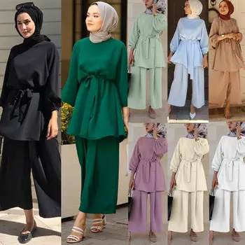 עיד Mubarek Abaya טורקיה חיג ' אב שני חלקים המוסלמי קובע שמלה גלימה Kaftans האסלאמית בגדים כפיות לנשים Musulman הרכבים