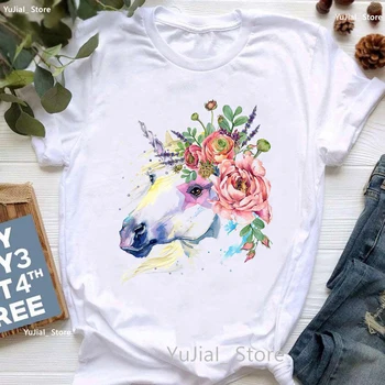 צבעי מים-קרן פרחים הדפסת החולצה T בנות Kawaii דולפין הכלב חולצת טי נשים קיץ מקסימום האופנה שרוול קצר חולצה נשית
