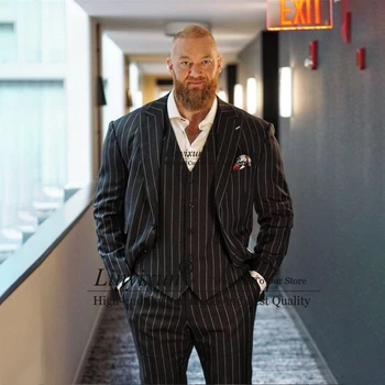 אופנה פס שחור יומי Mens חליפות עסקית רשמית בלייזר Slim Fit אירועים טוקסידו 3 חתיכה להגדיר מעיל אפוד מכנסיים תחפושת Homme