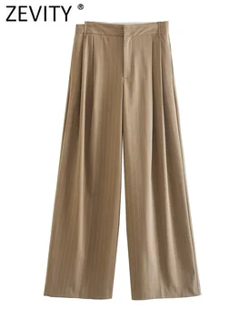 Zevity נשים אופנה גבוהה המותניים פסים הדפסה קפלים רחב הרגל המכנסיים נקבה לטוס רוכסן מכנסיים ארוכים מכנסיים Mujer מכנסיים P3540