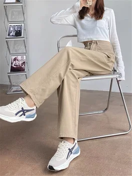 חדש-התאמה חאקי הקיץ דק נמתח ישר ג 'ינס לנשים בז' מזדמן חופשי וינטג ' סלים מוצקים גבוה מותן סרבל מכנסיים