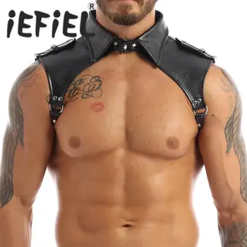 iEFiEL אופנה גברים מועדון לילה ביצועים חולצות צווארון מתכוונן הגוף רתמת חזה דש שעבוד תחפושות עם לחץ על הכפתורים