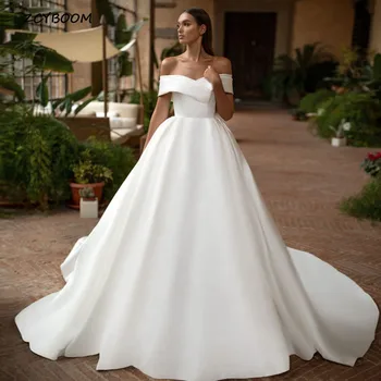מודרני לבן/שנהב את כתף שמלת החתונה 2023 פשוט סאטן ללא משענת שמלות כלה רכבת משפט בתוספת גודל Vestidos דה נוביה