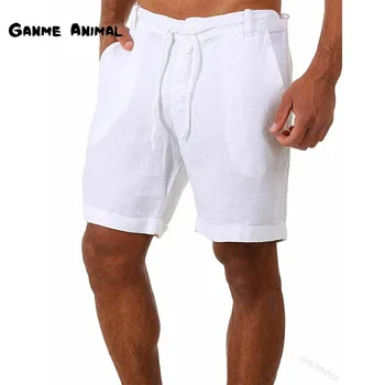 הקיץ של גברים מוצק צבע חוף מכנסיים קצרים Homme קצר מקרית פשתן כושר גבר שרוך כפתורי מכנסי S-4XL