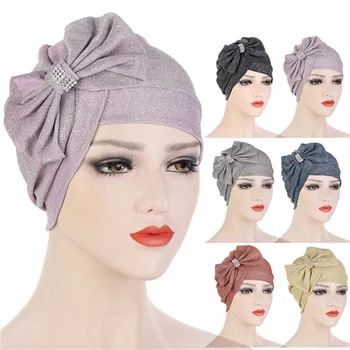 2023 חדש עם נצנצים Bowknot אופנה כובע טורבן המצח צלב גדול הקשת משובצים ביהלומים טורבנים לנשים Headwrap המוסלמים