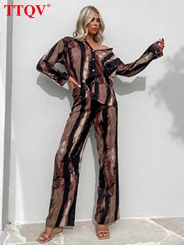 TTQV אופנה חום הדפסה סטים לנשים 2 יחידות אלגנטי דש שרוול ארוך כפתור Shitrs ישר מכנסיים סטים אופנת רחוב