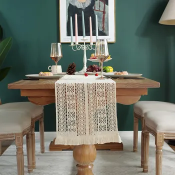 חדש כותנה סרוגה שולחן רצים בצבע בז ' חלול עם ציצית שולחן אוכל שולחן חתונה רץ קישוט צרפתית רומנטיקה לכסות את מחצלת