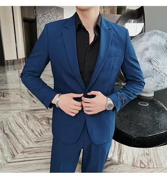 ( קט + מכנסיים ) High-end עסקים רשמית מוצק צבע חליפה של גבר אופנה סלים שמלה כחולה החתונה החתן שני חלקים סטים
