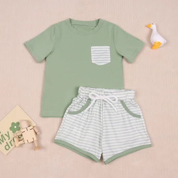 פעוט, תינוק 1-8T תלבושות חזרה לבית הספר בגדים להגדיר ירוק פסים 2pcs בגד גוף שרוול בגדים חולצה מנטה בכיס המכנסיים