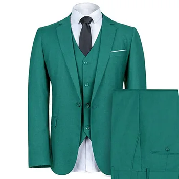 Mens ירוק חליפת כפתור אחד מעולה-דש 3 חתיכות חליפות קט טוקסידו האפוד & מכנסיים