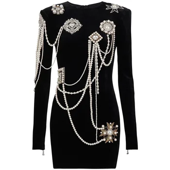 שחור שרשרת פנינים שמלה לנשים 2023 סתיו חורף קטיפה, שמלות ערב המסיבה Bodycon Vestidos איכות
